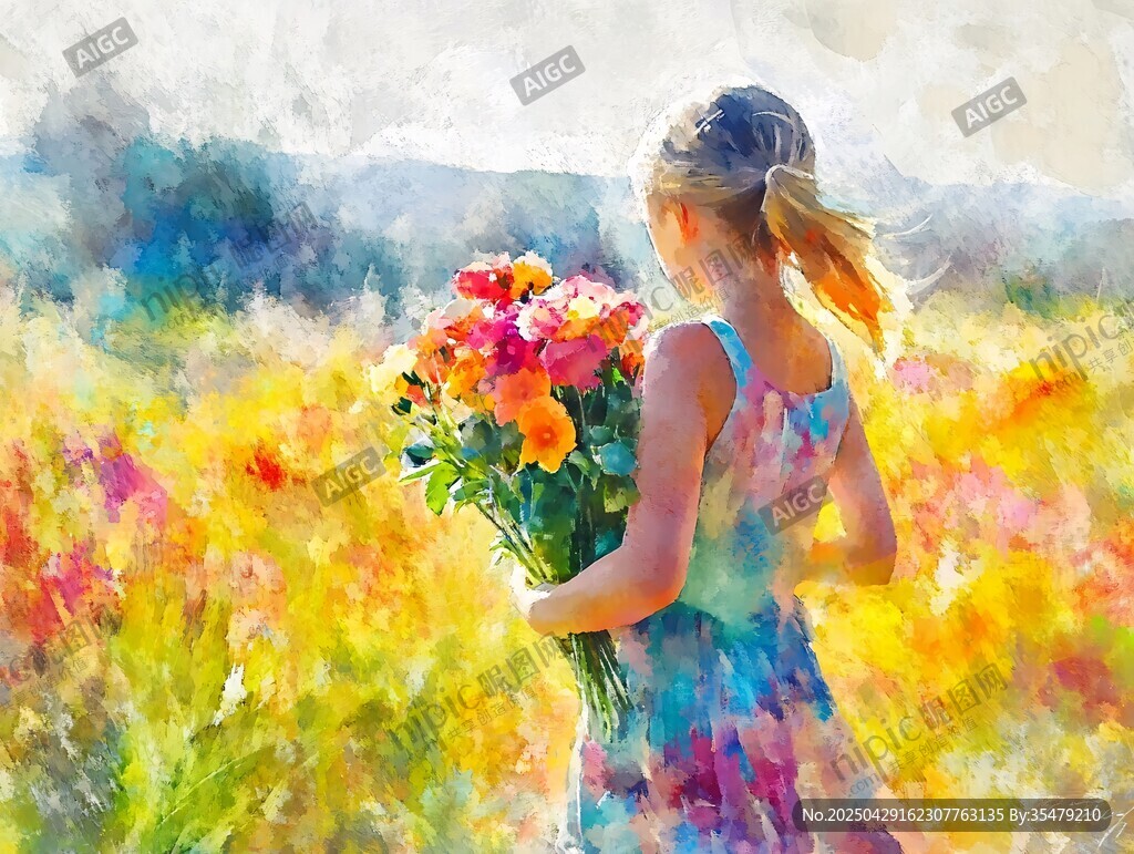 女孩持花漫步绚烂花田