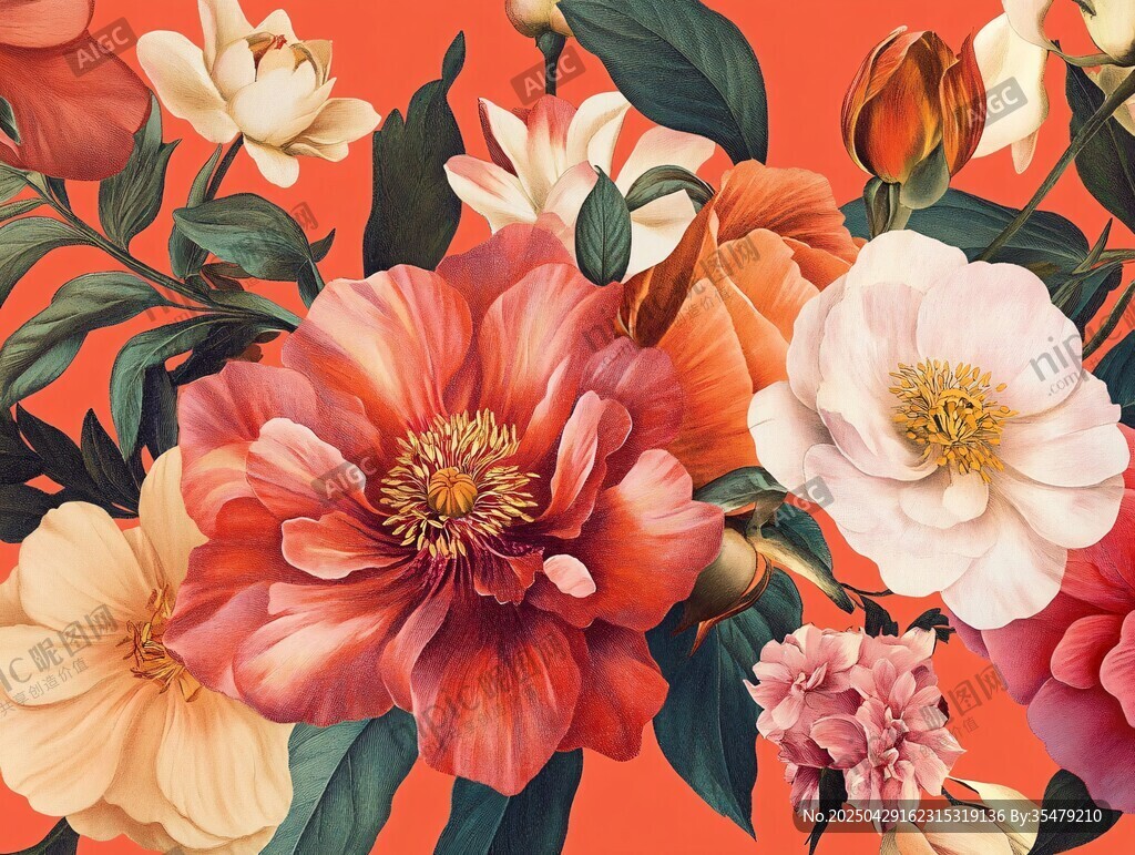 橙底繁花插画