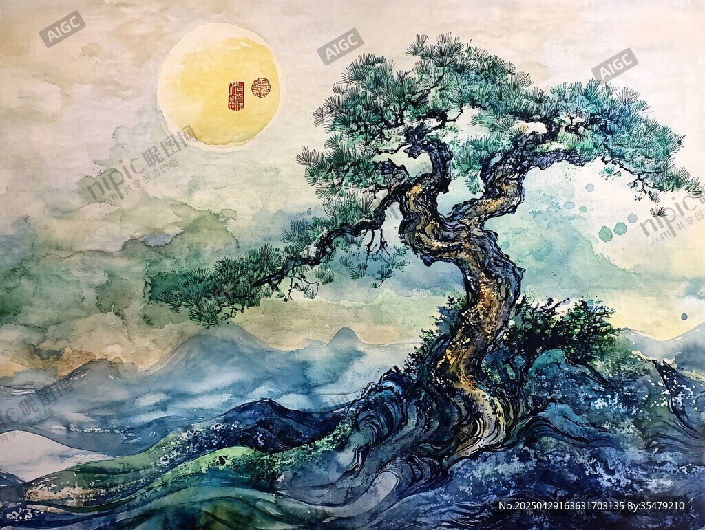 月夜苍松水墨山水图景