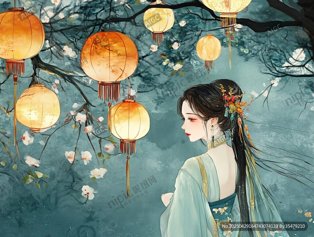 古风佳人赏灯笼美景