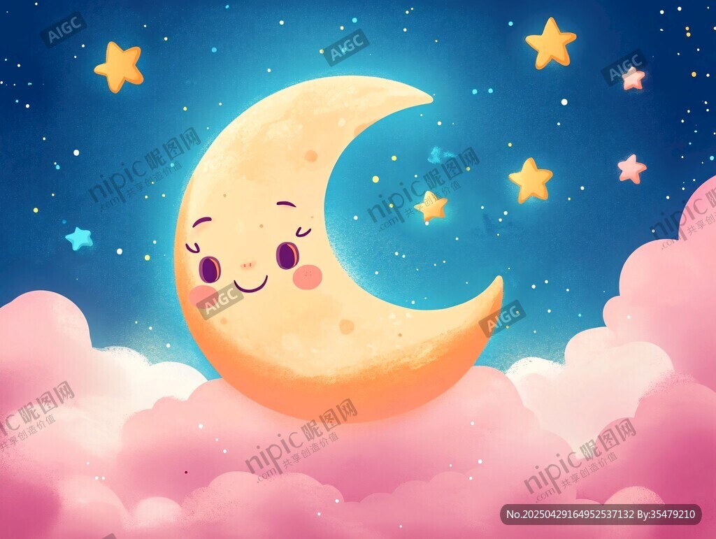 可爱月亮在梦幻星空云朵间