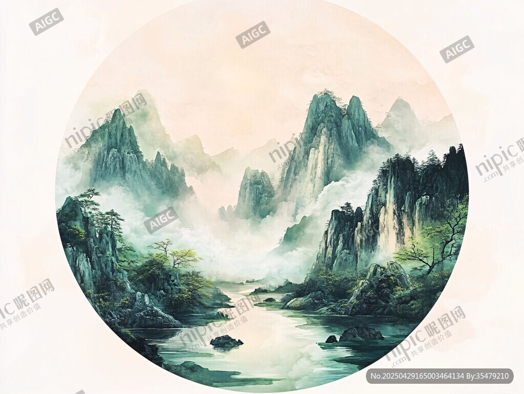 水墨山水圆形意境画作