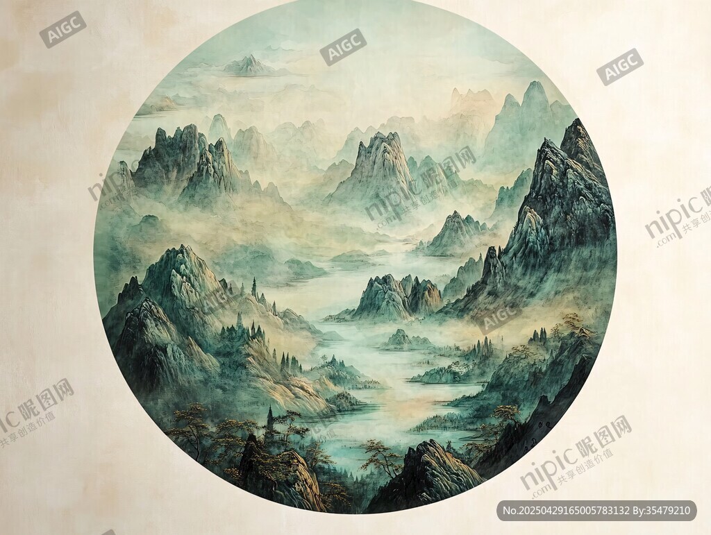 圆形水墨山水意境画