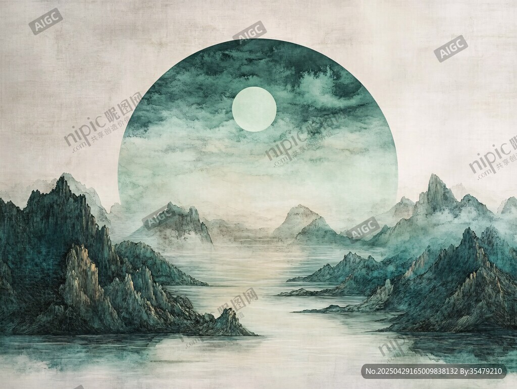 水墨山水间的空灵月夜
