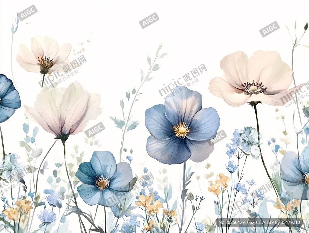 清新蓝白花卉插画图案