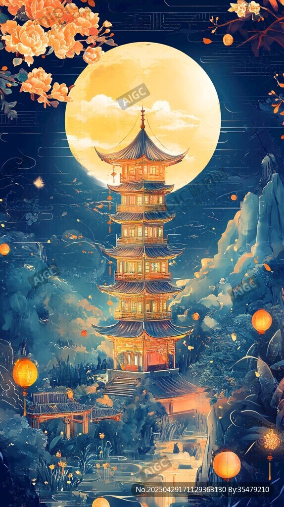 月夜下的中式塔楼美景