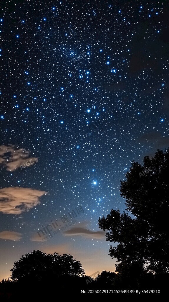 夜幕下璀璨星空与树影