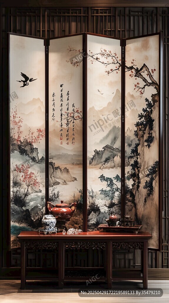 中式古典屏风与案几陈设