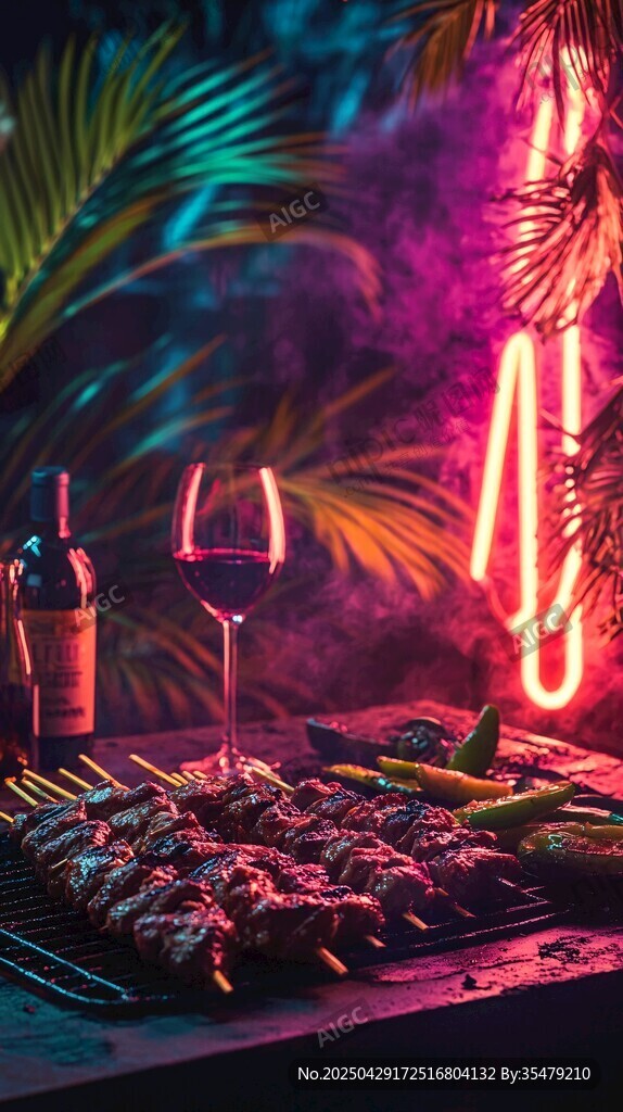 霓虹下的烤肉与美酒盛宴