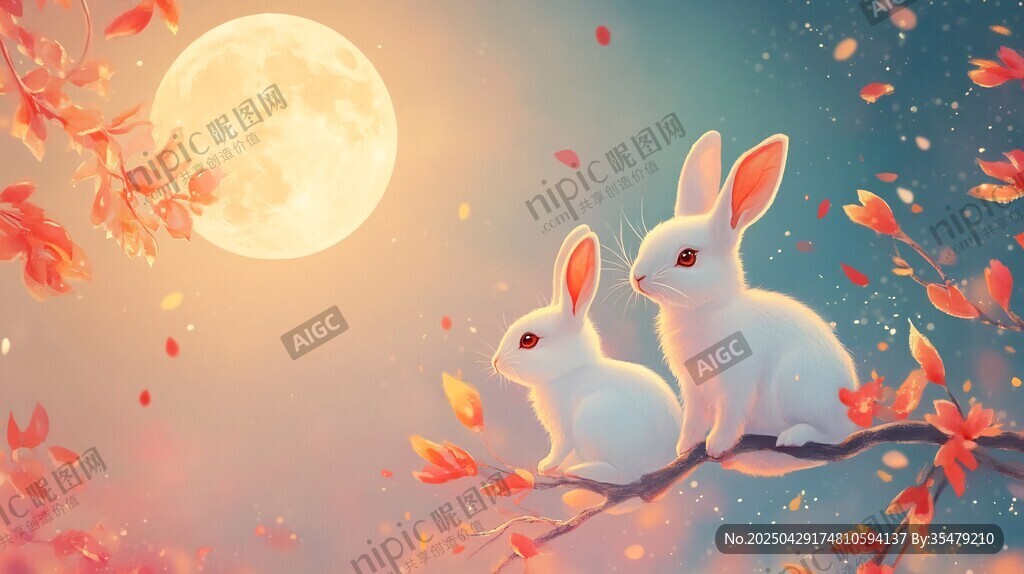 月下双兔赏景图