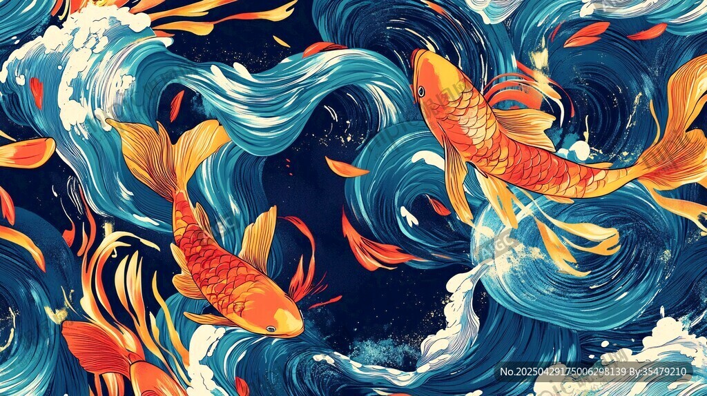 金鲤游弋于翻涌波浪间