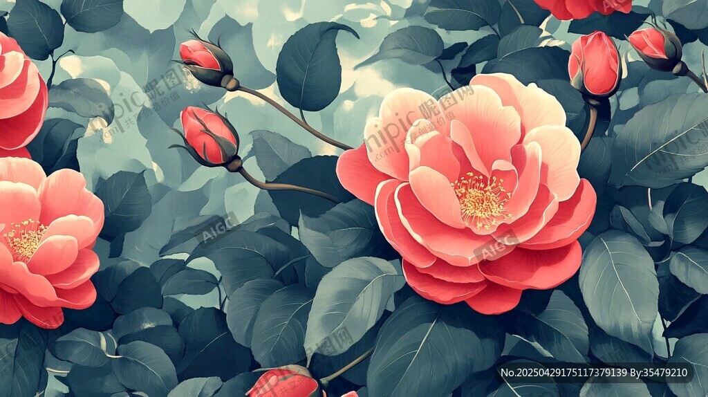 娇艳山茶花绽放绿意间