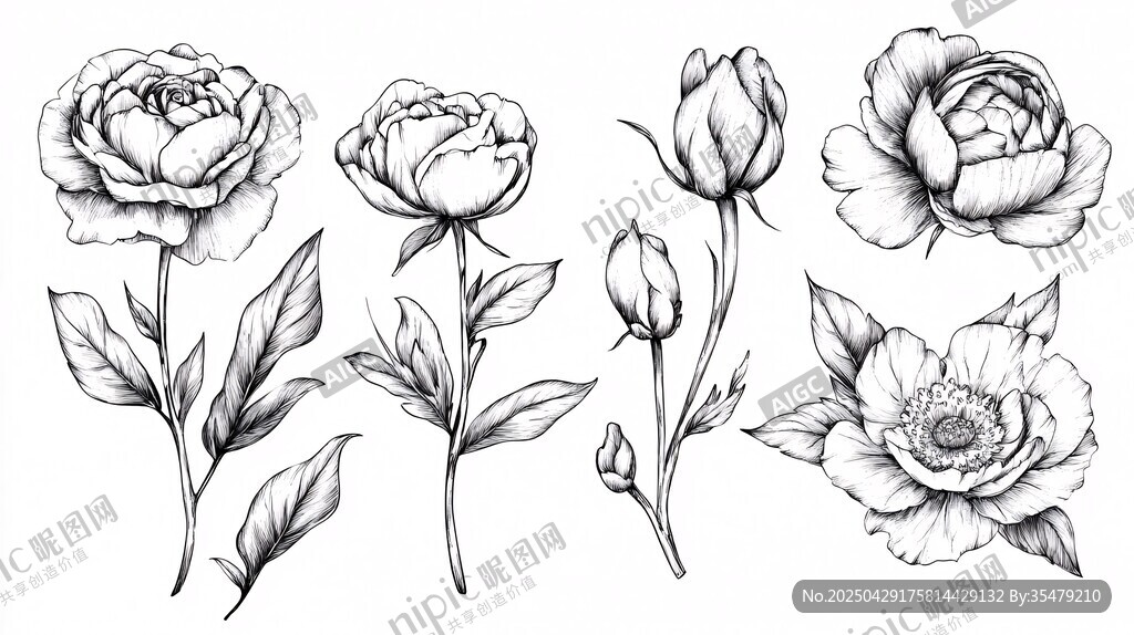 手绘牡丹花花卉线稿素材