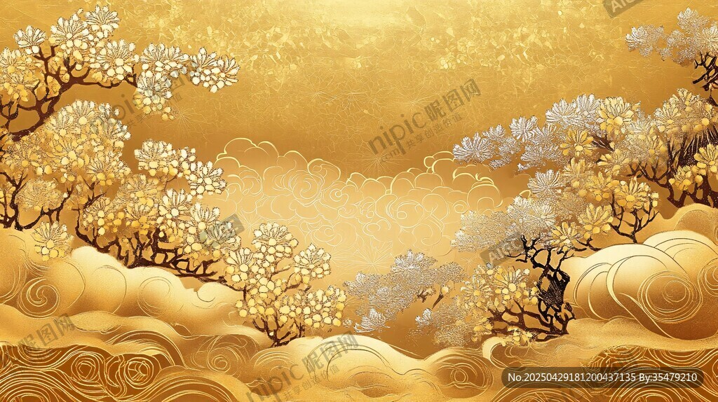 金色山水繁花梦幻画卷