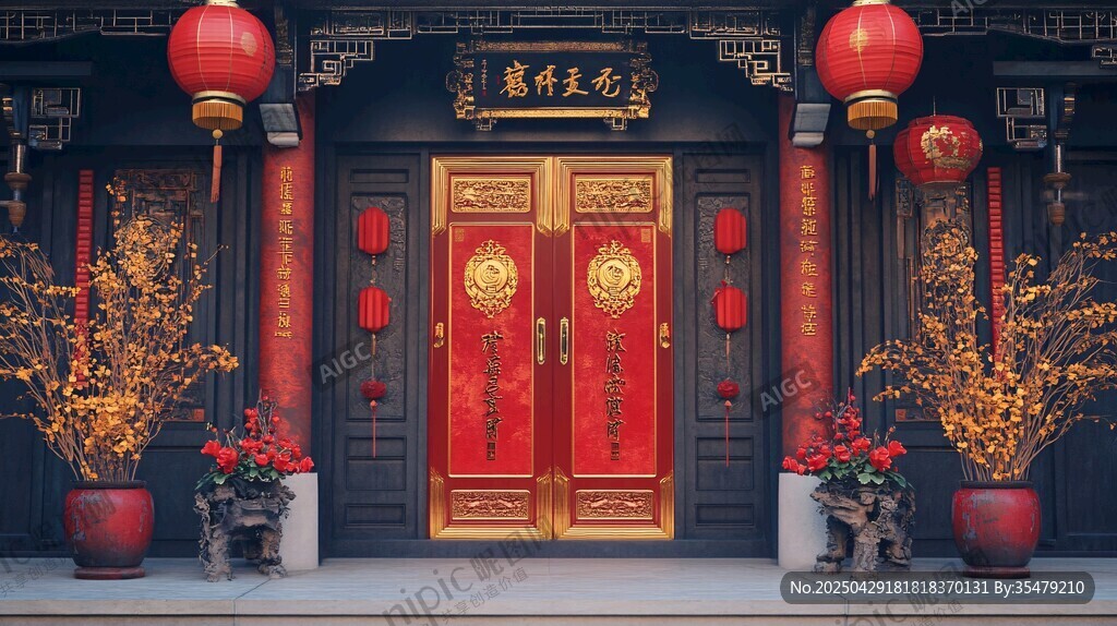 中式宅院大门喜庆氛围浓