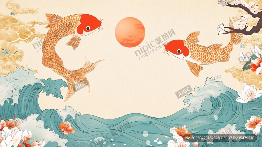 双鲤戏浪迎红日