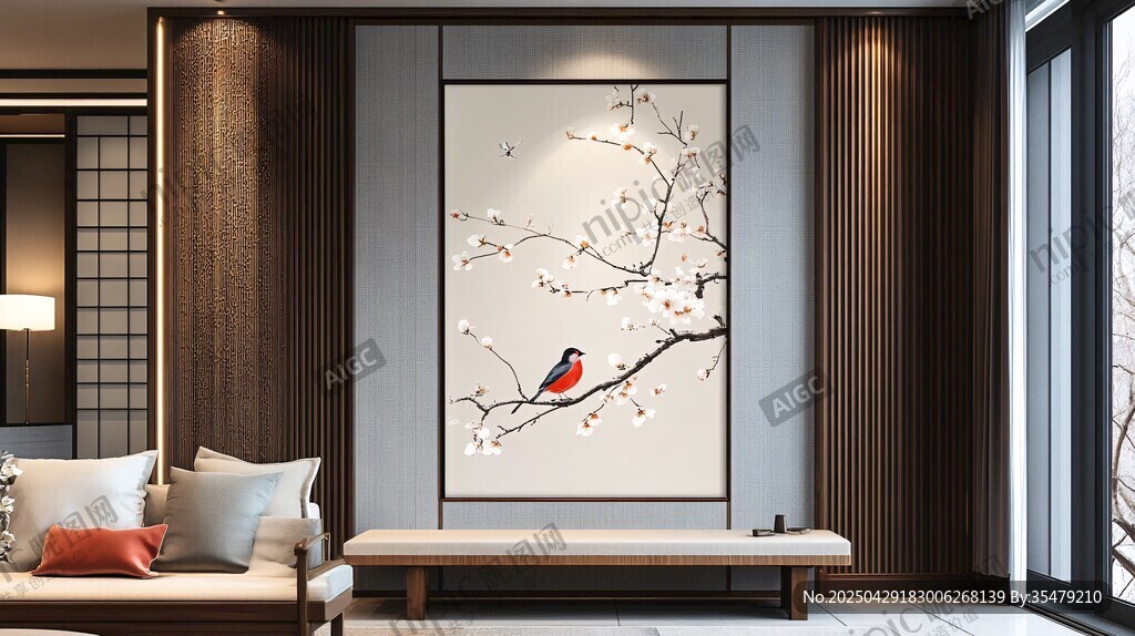 中式客厅的雅致花鸟挂画