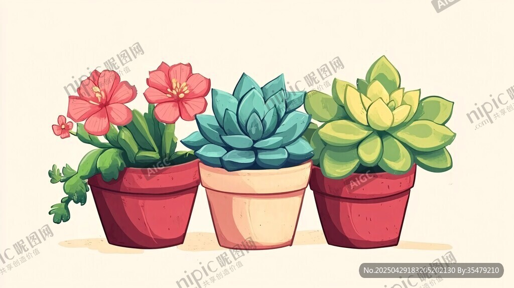 三盆可爱多肉植物插画