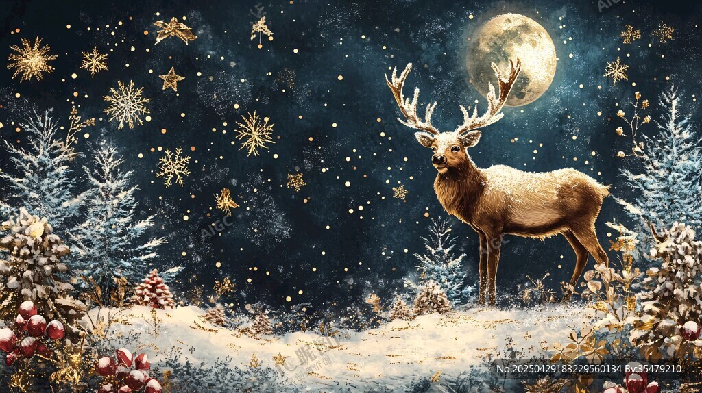 月夜驯鹿的梦幻圣诞雪景