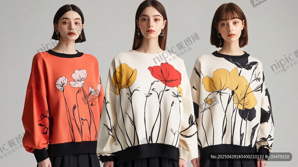 三款花卉图案时尚卫衣展示