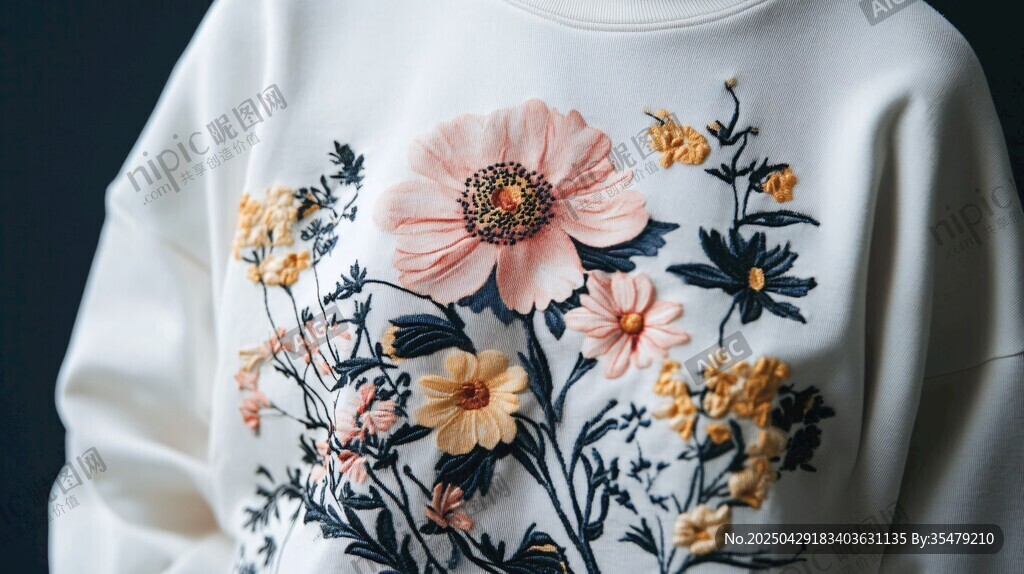 花卉刺绣白色卫衣特写