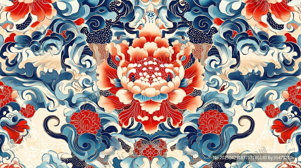 中式传统花卉海浪纹图案