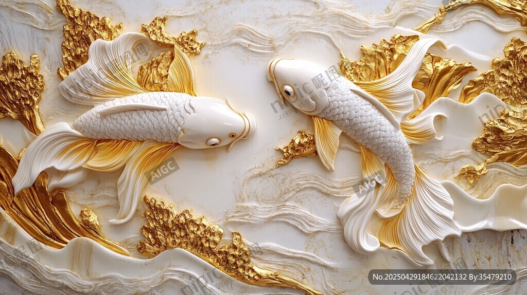 双鲤浮雕 灵动金白艺术之美