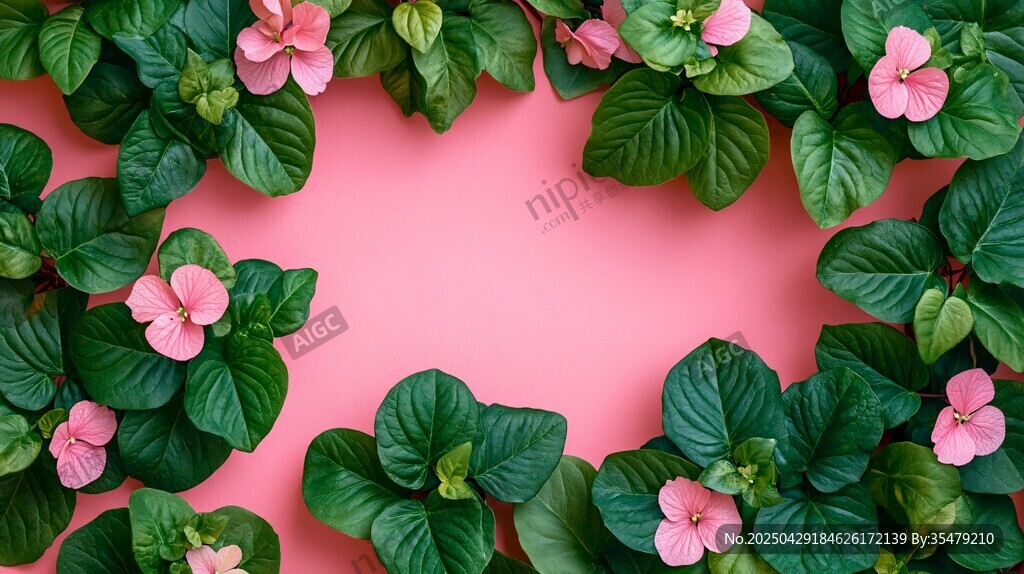 粉色背景环绕的绿叶粉花