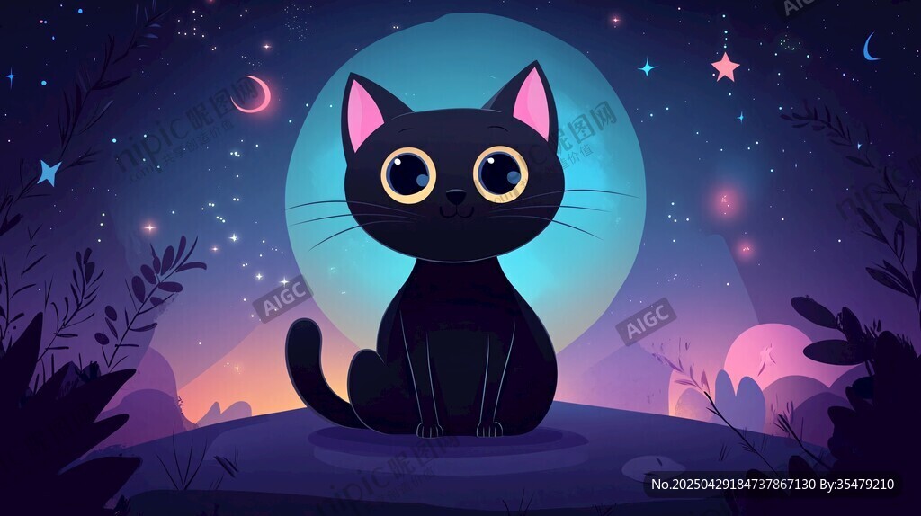 月夜下的黑猫