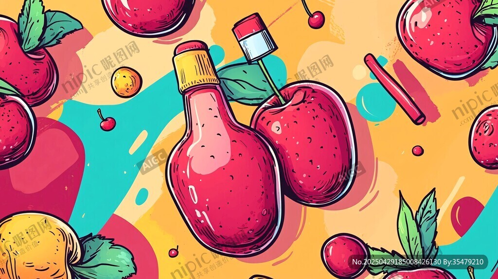 苹果主题插画 果汁与鲜果