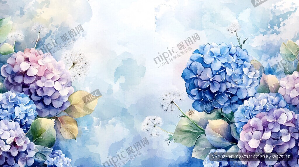 梦幻蓝紫绣球水彩花卉图
