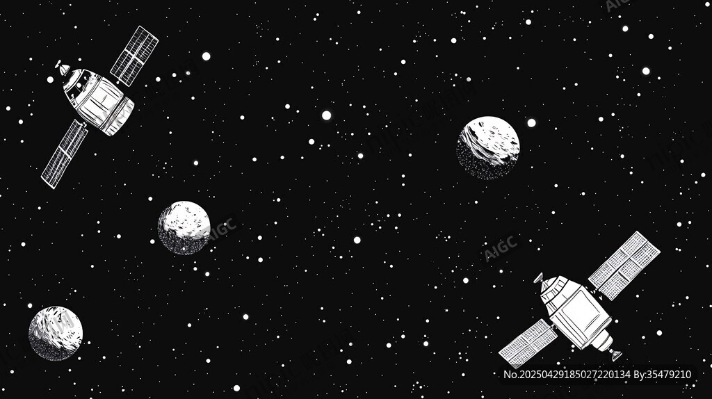 太空卫星与星球的黑白图景