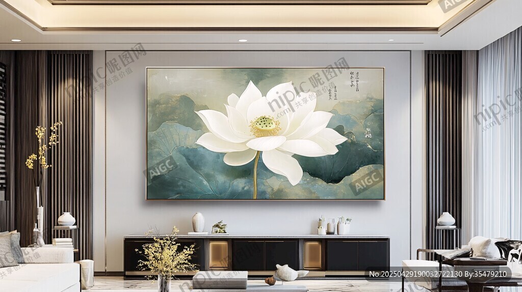 中式客厅的清雅荷花挂画