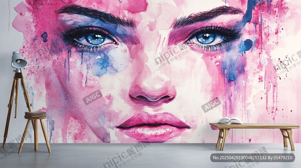 梦幻水彩美女墙面艺术