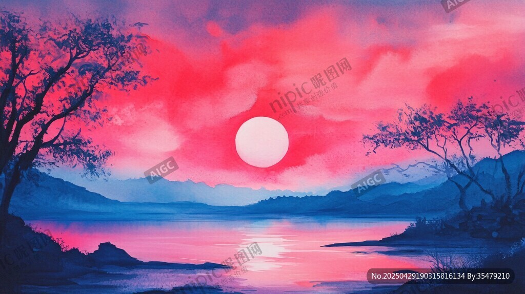 梦幻粉色夕阳山水美景