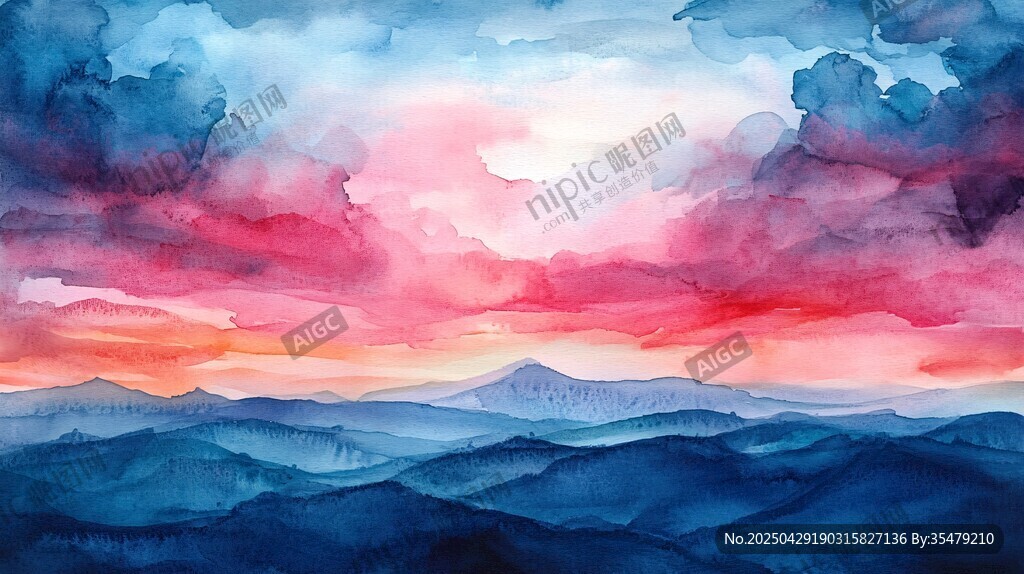 梦幻水彩绘就壮丽山峦晚霞