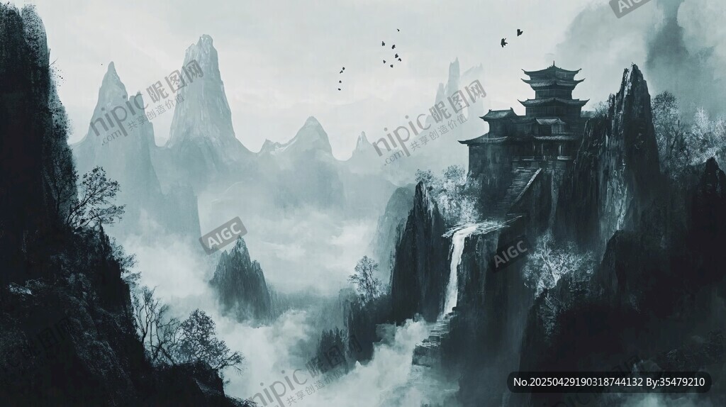 水墨山水间的古韵楼阁