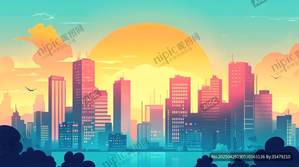 夕阳下的梦幻都市景观