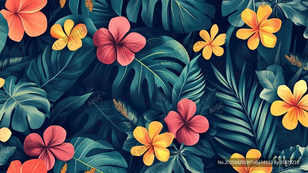 热带花卉与绿叶绚丽图案