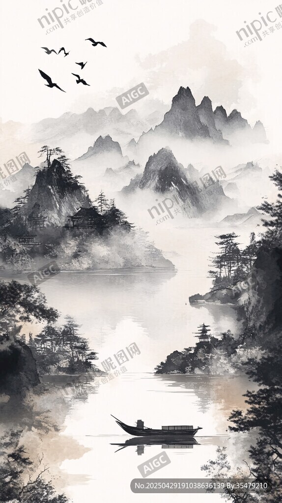 水墨山水间的孤舟飞鸟