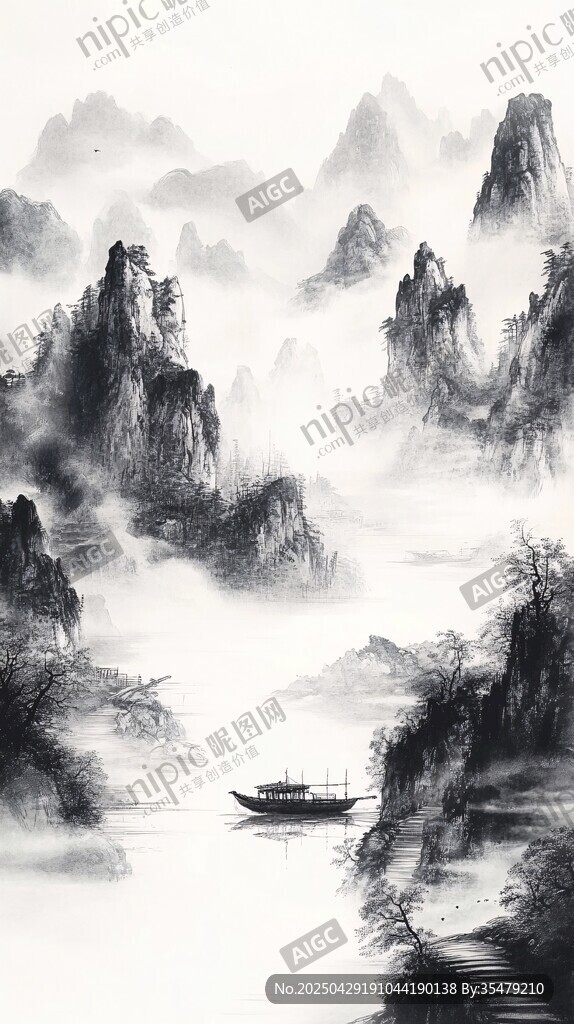 水墨山水间孤舟悠然