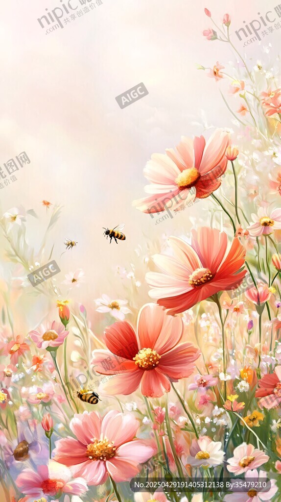 花海中的蜜蜂与缤纷花朵