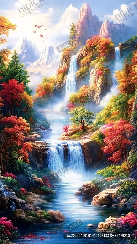 梦幻山水间的多彩瀑布奇观