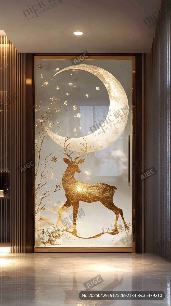 月光下的梦幻金鹿玄关画