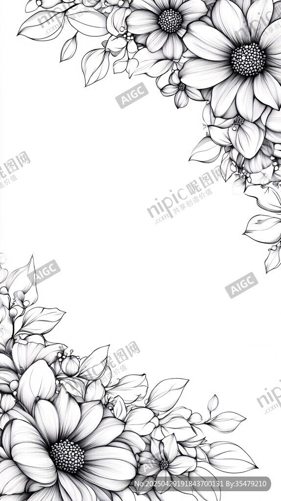 花卉角隅黑白线稿图案
