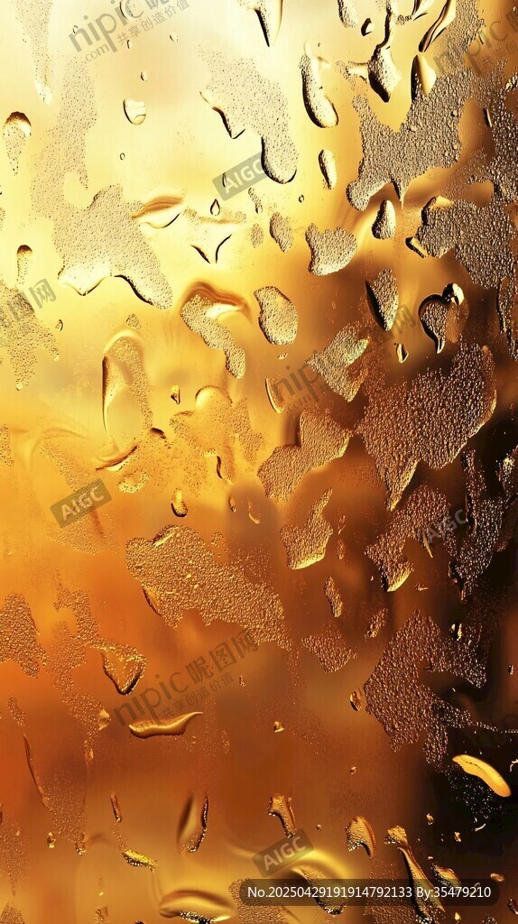 金色玻璃上的晶莹水珠