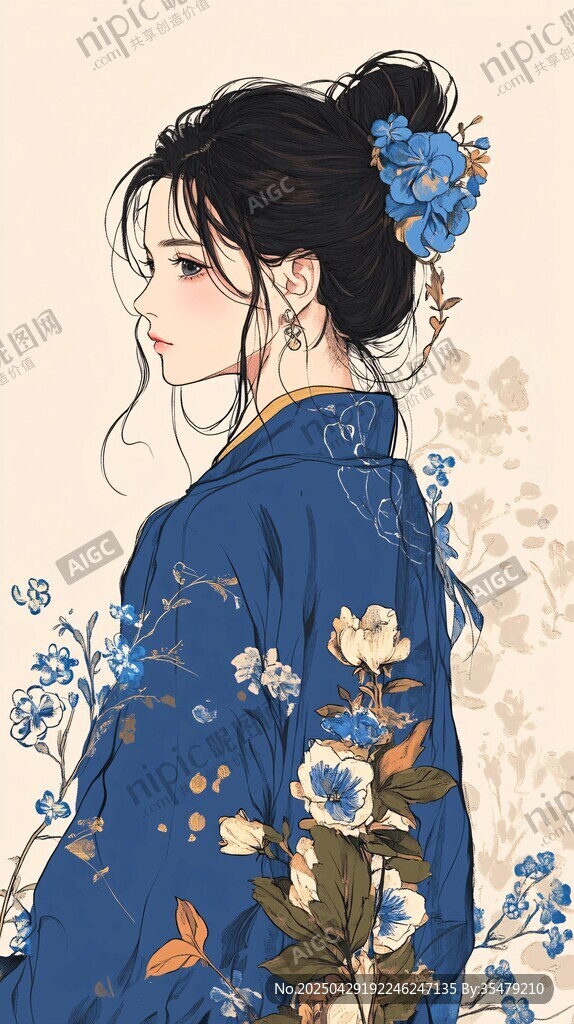 蓝裳簪花的古风温婉女子