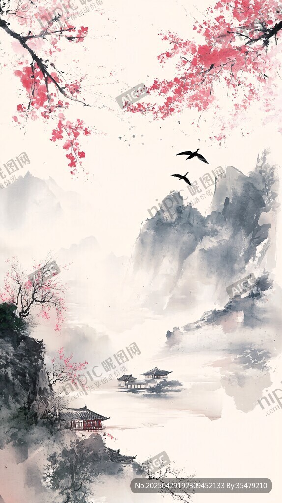水墨山水间的花鸟春景