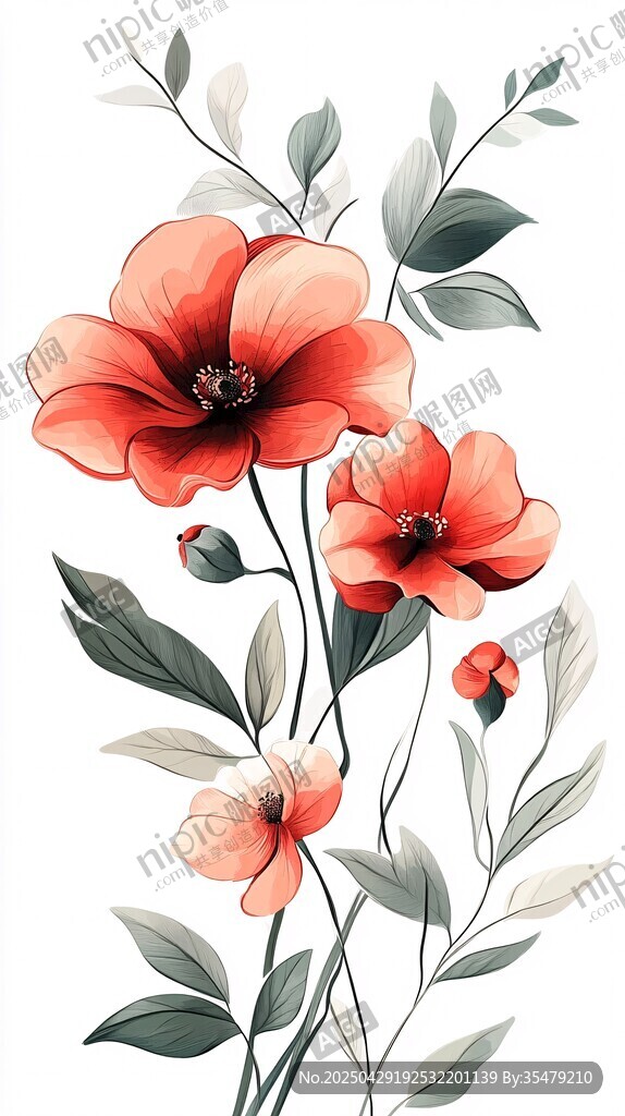 红色花卉插画 绿叶相伴
