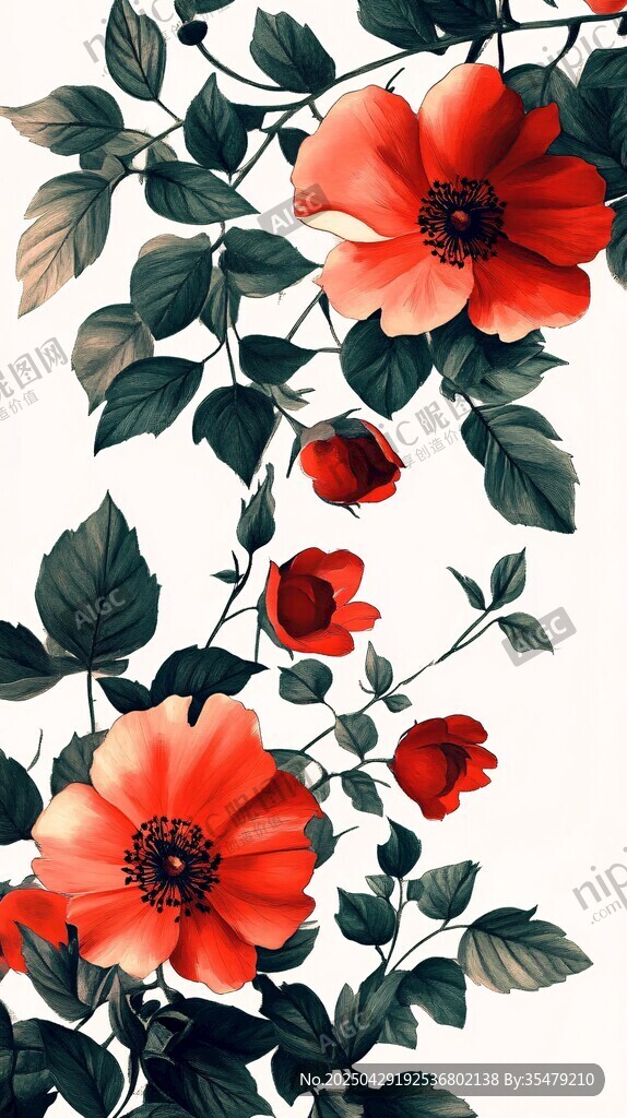 红色花卉枝叶插画图案